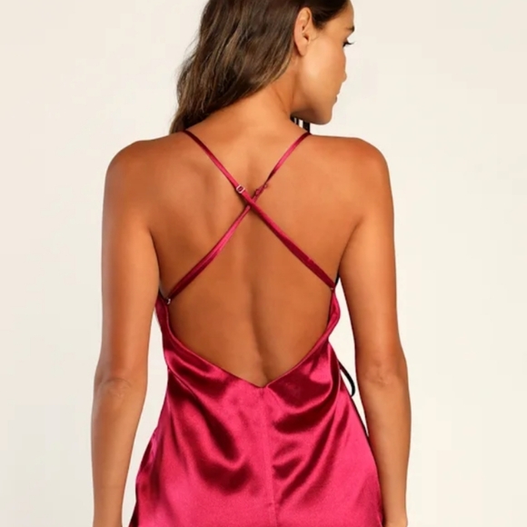 LULU'S Magenta Satin Backless Mini Wrap Dress Large - Picture 3 of 12